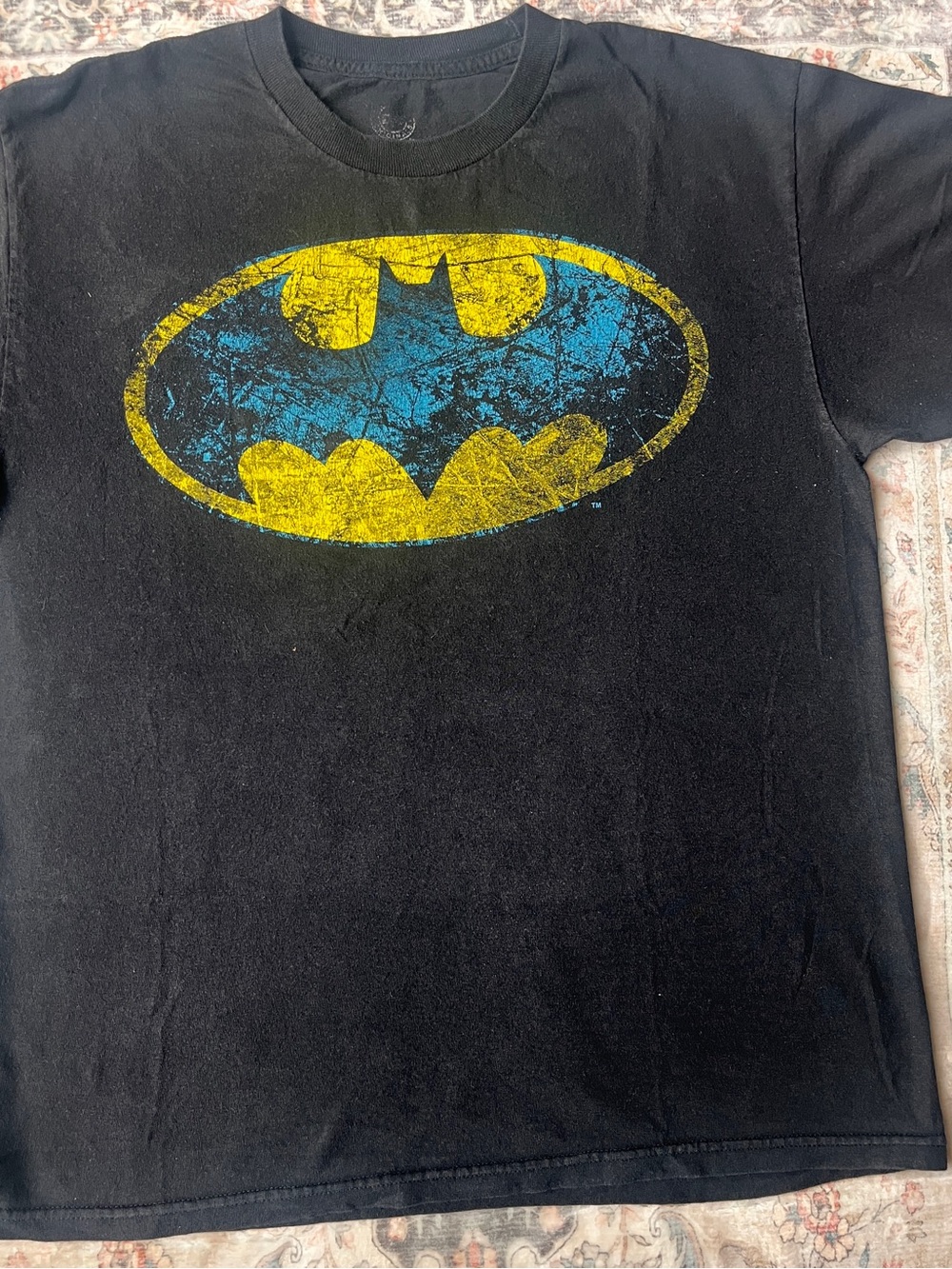 Batman Logo Black T-Shirt with Distressed Yellow & Blue Graphic